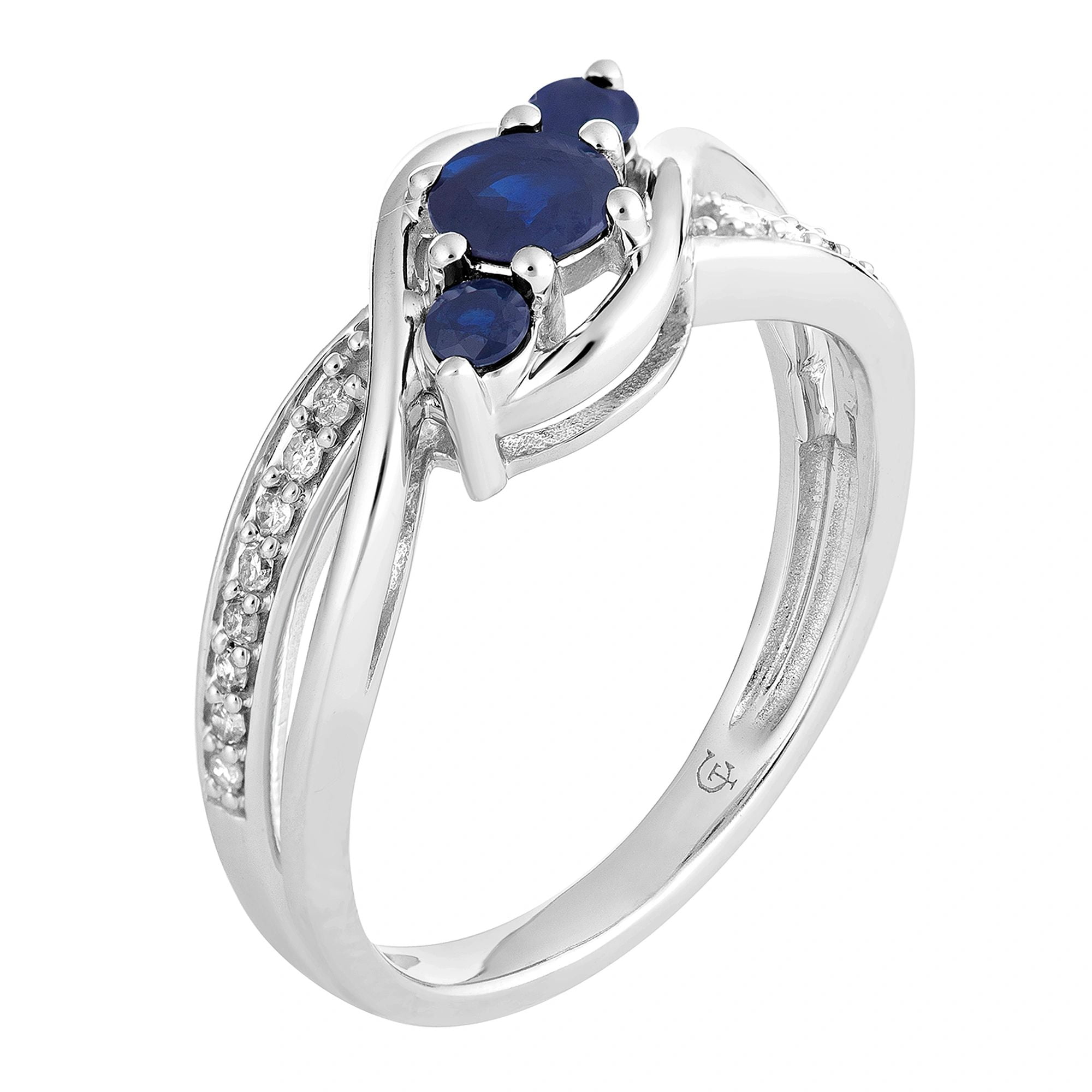 10k White Gold Sapphire & 1/10 Carat T.W. Diamond 3-Stone Ring