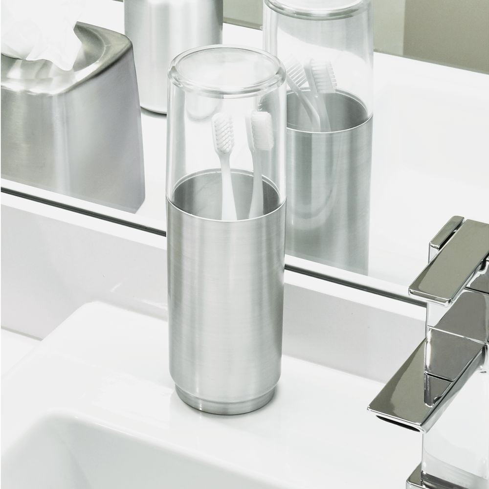 5.25" x 1.5", iDesign Gia Stainless Steel Bathroom Suction Toothbrush Holder 