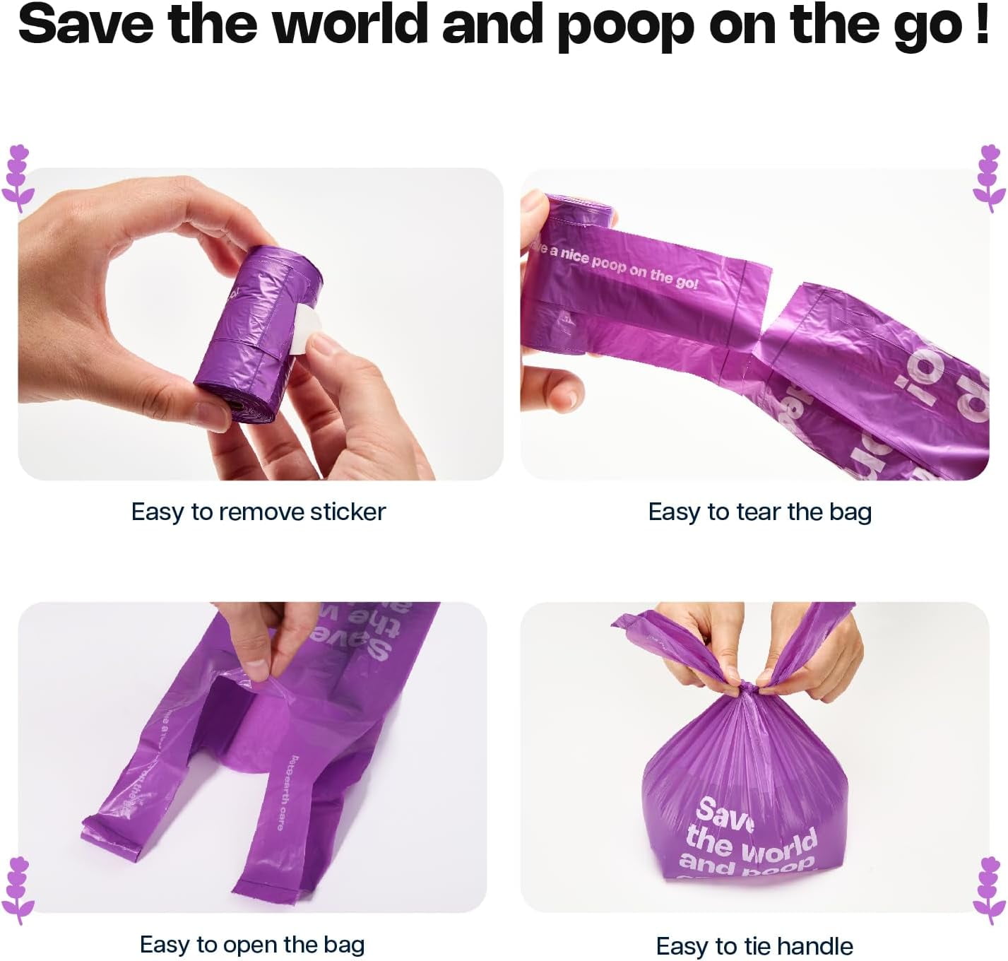 Dog Poop Bags with Handles 9 Rolls 108 Counts Big Sizes Leak Proof and Extra Thick Waste Bags Refill Rolls for Walking Small Medium Large Dogs Cats Litter With Holder Lavender Scented