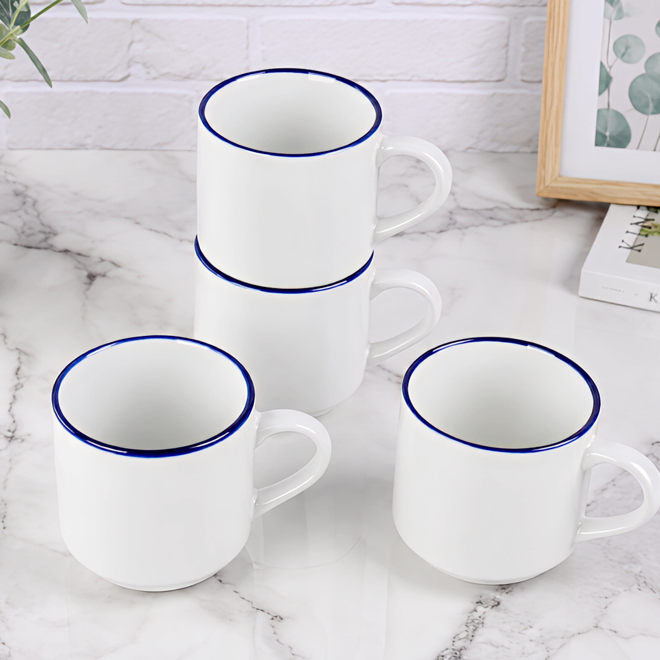 (4 pack) Mainstays White Ceramic Coffee Mug with Blue Rim, 11 oz