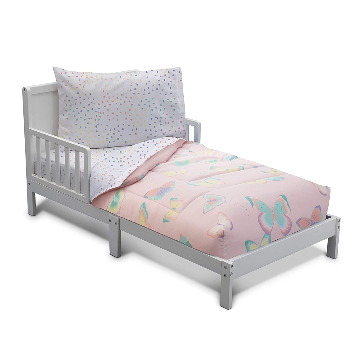 Delta Children 4-Piece Girls Toddler Bedding Set Collection | Includes: Fitted Sheet, Flat Top Sheet w/ Elastic Bottom, Fitted Comforter w/ Elastic Bottom, Pillowcase | Flutter| Pink
