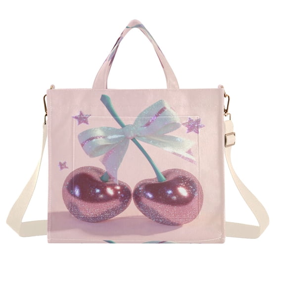 Corduroy Tote Bag for Women Shoulder Handbags Fashion Ladies Purses Satchel Messenger Bags Pink Large Cherries S