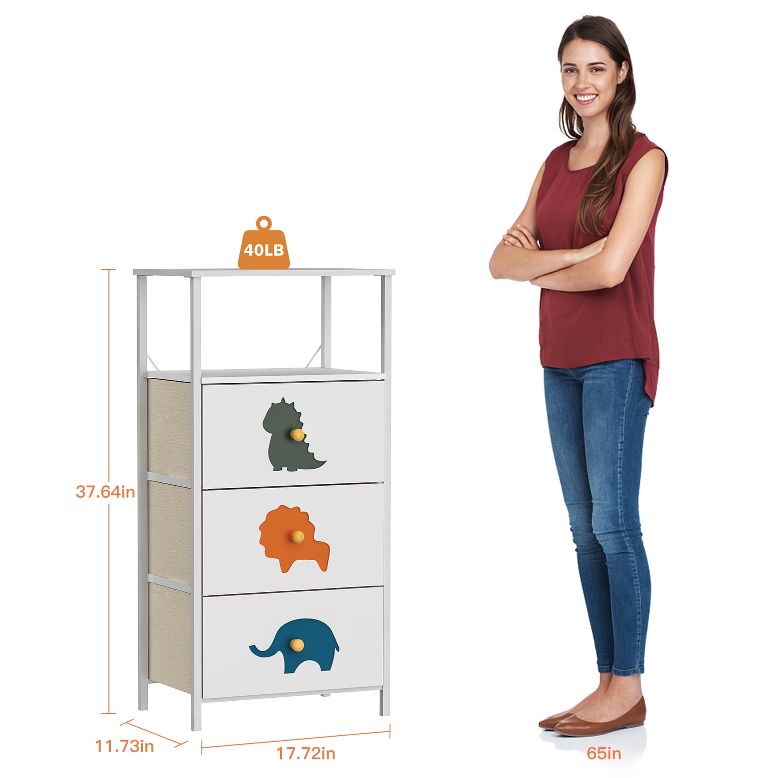 FRAPOW 3 Drawer Dresser, Storage Organizer Dressers with Wood Top Sturdy Steel Frame Storage Organizer Unit, Kids Dresser with 3 Fabric Drawers Shelf, White