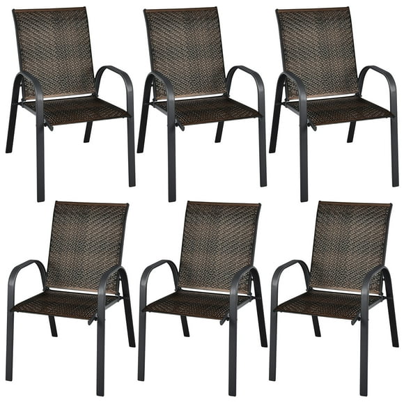 Gymax 6PCS Outdoor PE Wicker Stacking Dining Chairs Patio Arm Chairs Mix Brown
