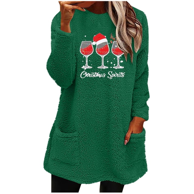 Pisexur Fuzzy Chandails de Noël pour Femmes Doublés en Molleton à Manches Longues à Col Rond Chandail d'Hiver Chaud Imprimé Verres de Vin Rouge Chandail de Noël à Enfiler Hauts avec Poches