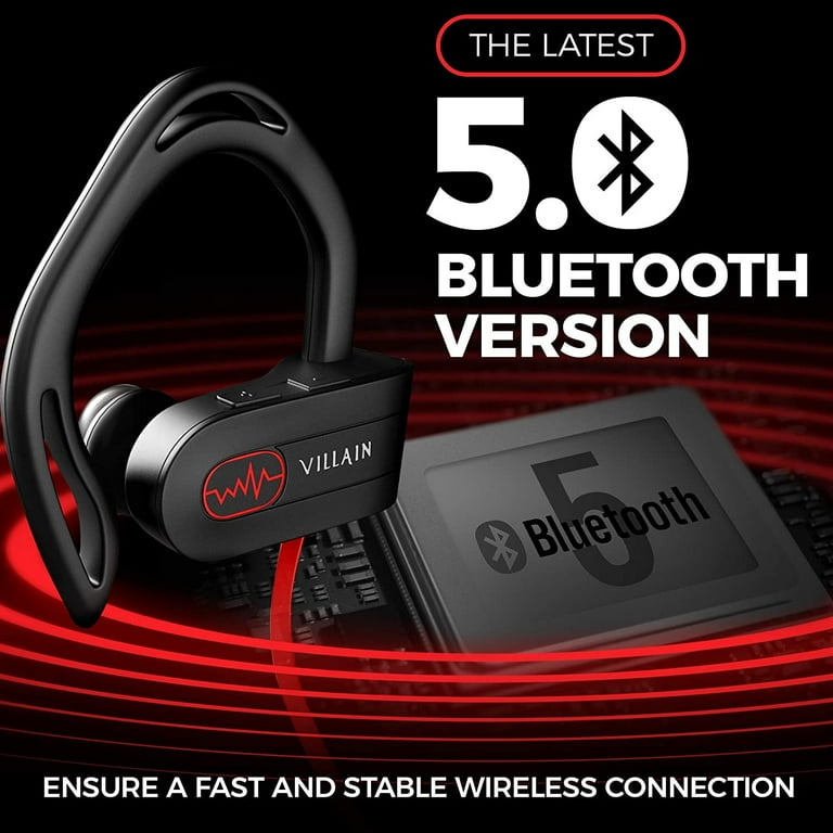 Villain Sport Headphones Running Headphones Workout Headphones Gym Headphones Wireless Bluetooth Earbuds IPX7 HiFi HD Sound with Thumping Bass