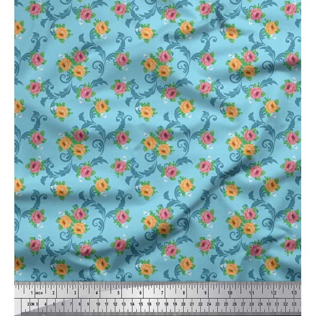 Soimoi Rayon Fabric Swirl,Leaves & Rose Floral Decor Fabric Printed Yard 56 Inch Wide