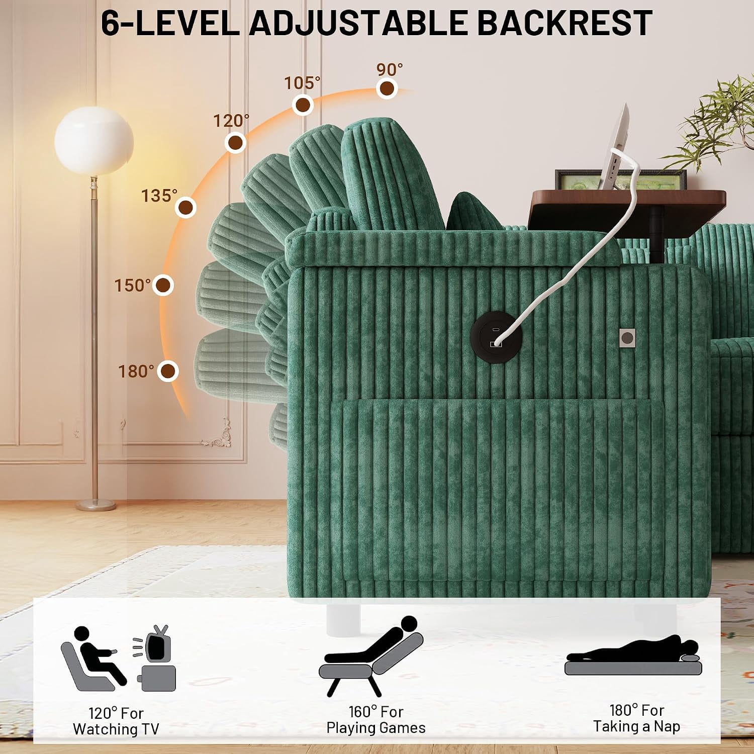 Howcool 100" Oversized Sleeper Sectional Sofa with Pull-Out Bed,U-Shape Corduroy Modular Sofa Couch with USB Ports & Storage,Green
