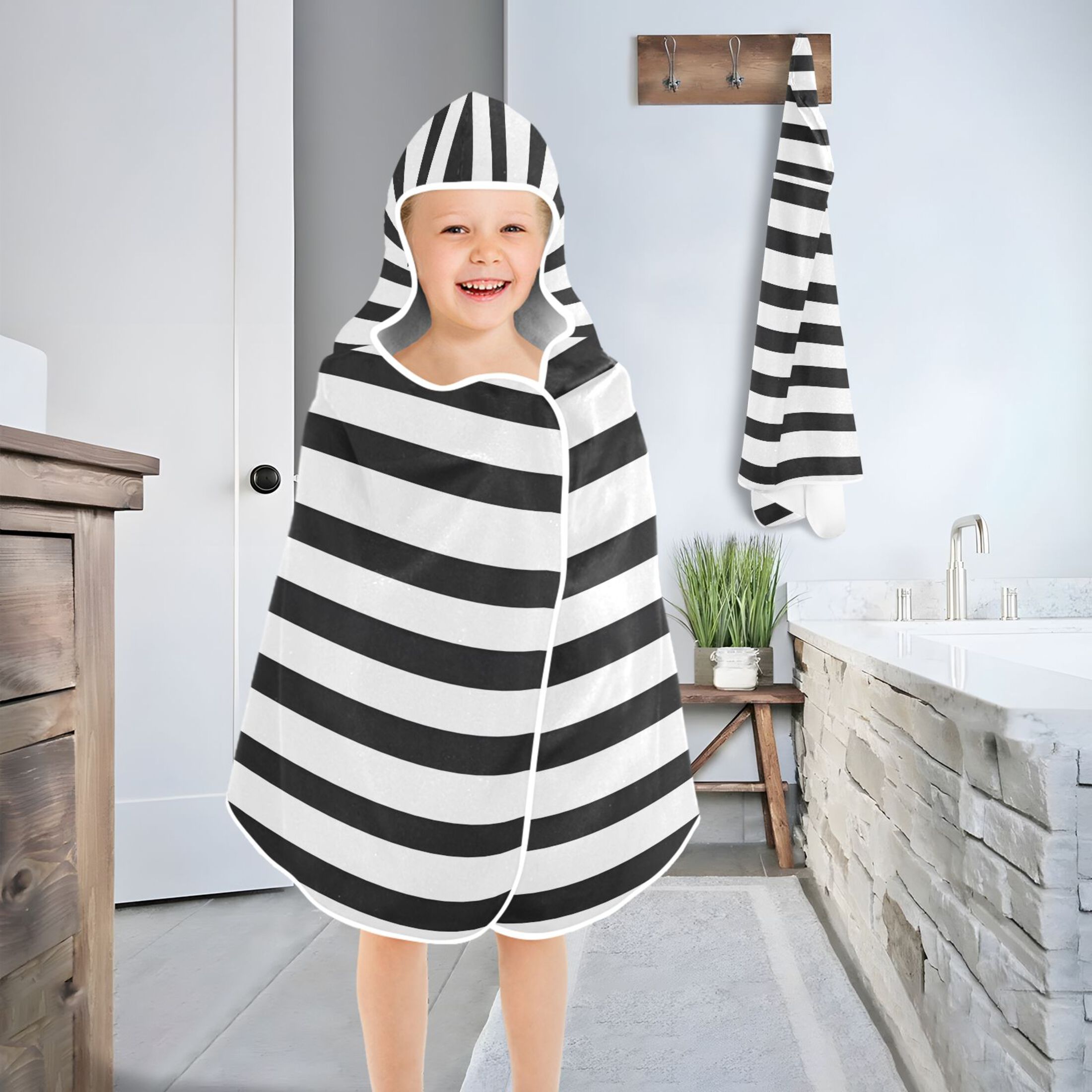 Minimalist Black and White Stripe 50x23.5" Baby Hooded Bath Towel Poncho, Quick-Dry and Triangle Pocket, Kids' Essential