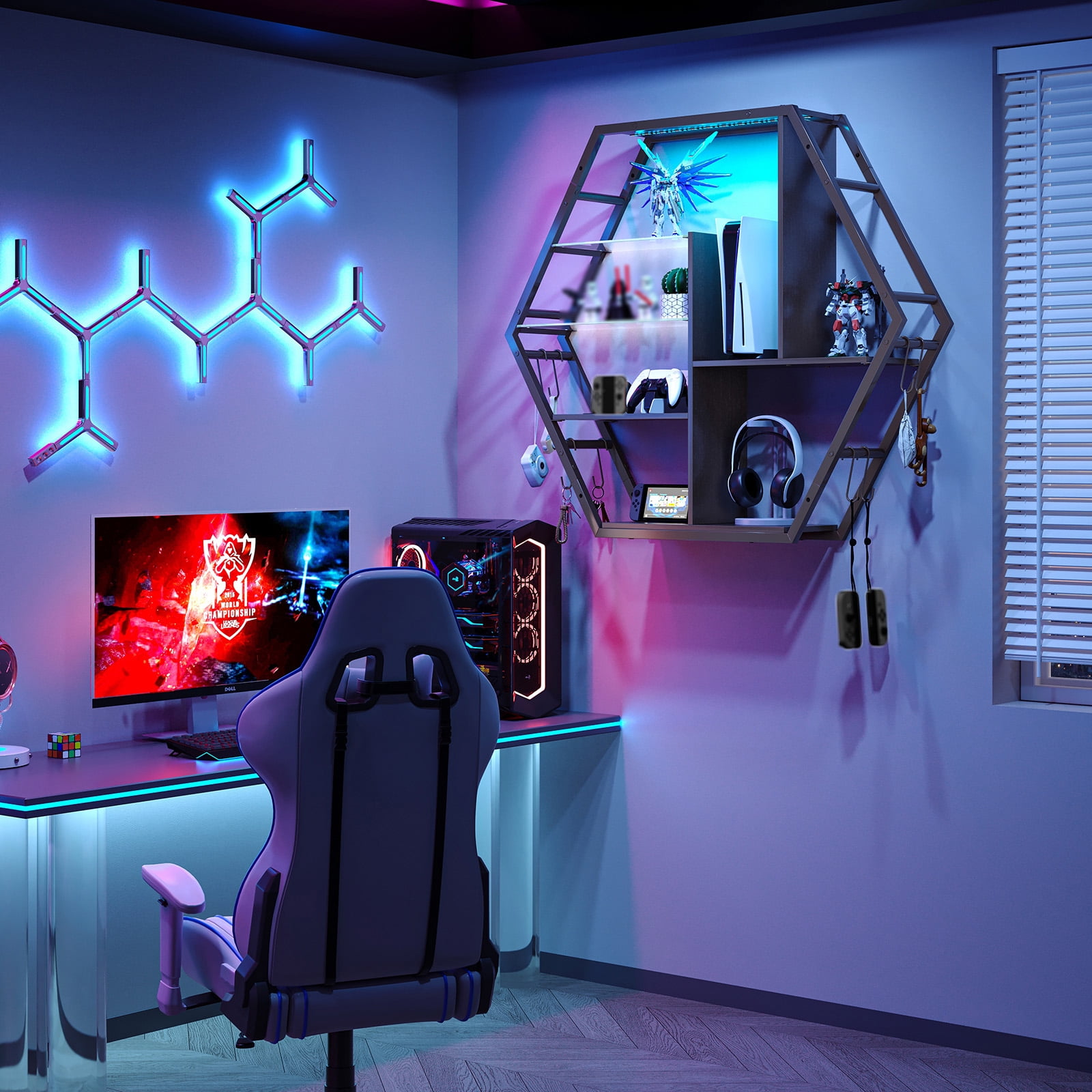 Floating Shelves with Lights, Led Shelves for Wall, Gaming Room Decor Display Shelf, Lighted Bar Shelves, Extra Hanging Hooks Storage, Sturdy Fast Assembly Great Weight Capacity