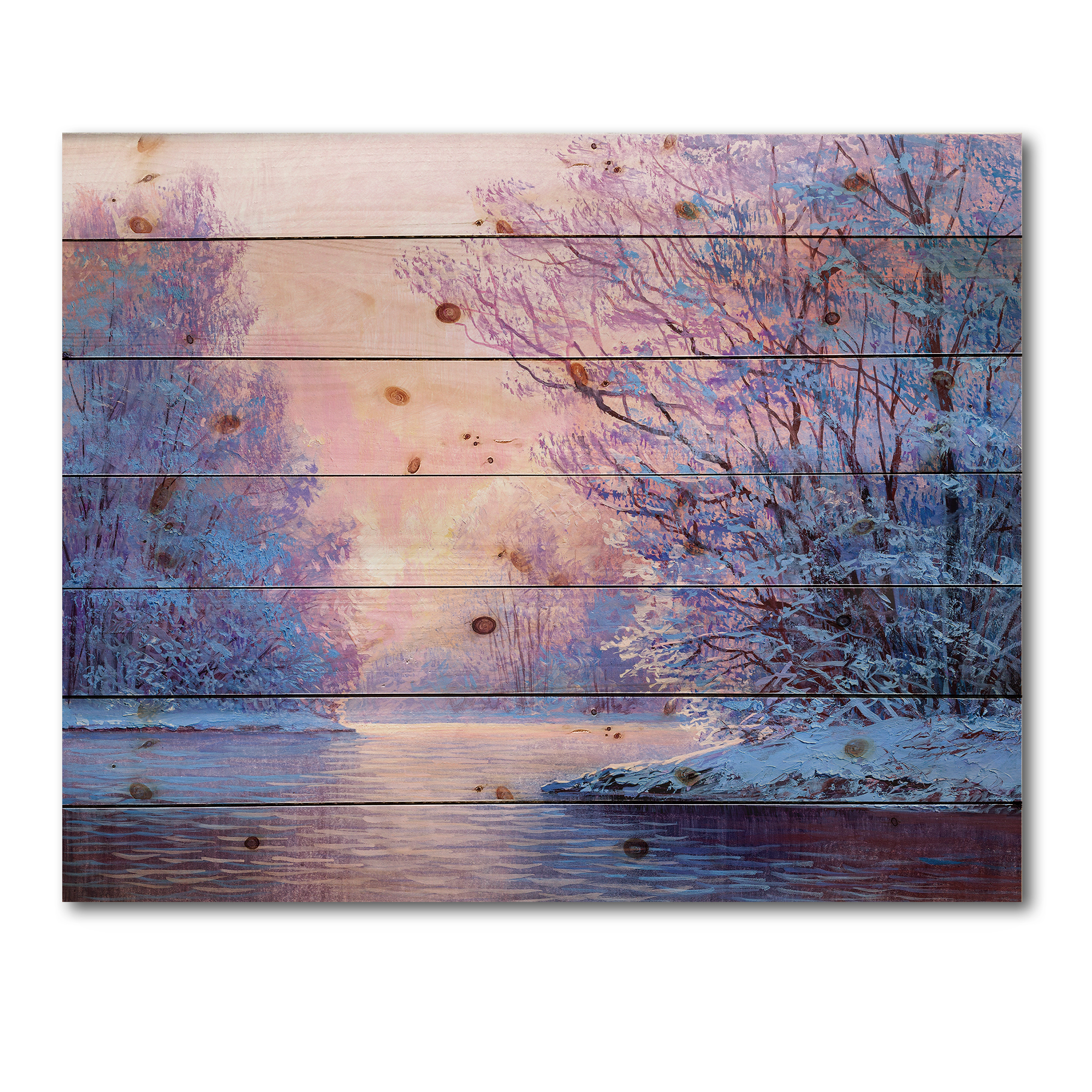 Designart 'The River Original With Winter Landscape' Lake House Print on Natural Pine Wood