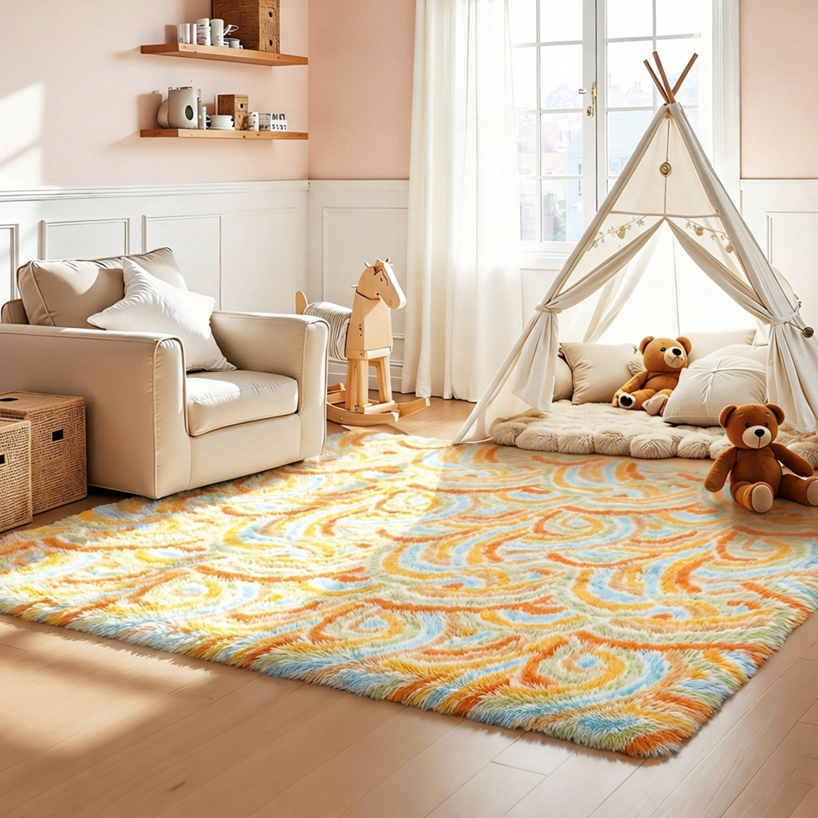 MeyJey 5'x 8' Shag Area Rug, Soft Fluffy Area Rugs for Kids Room Living Room Bedroom Decor Carpet, Orange