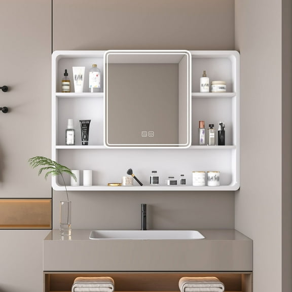 CATLK Medicine Cabinet with Mirror for Bathroom, Wall Mounted Storage Mirror Cabinet with Adjustable Shelves 35 x 28 Inches, White
