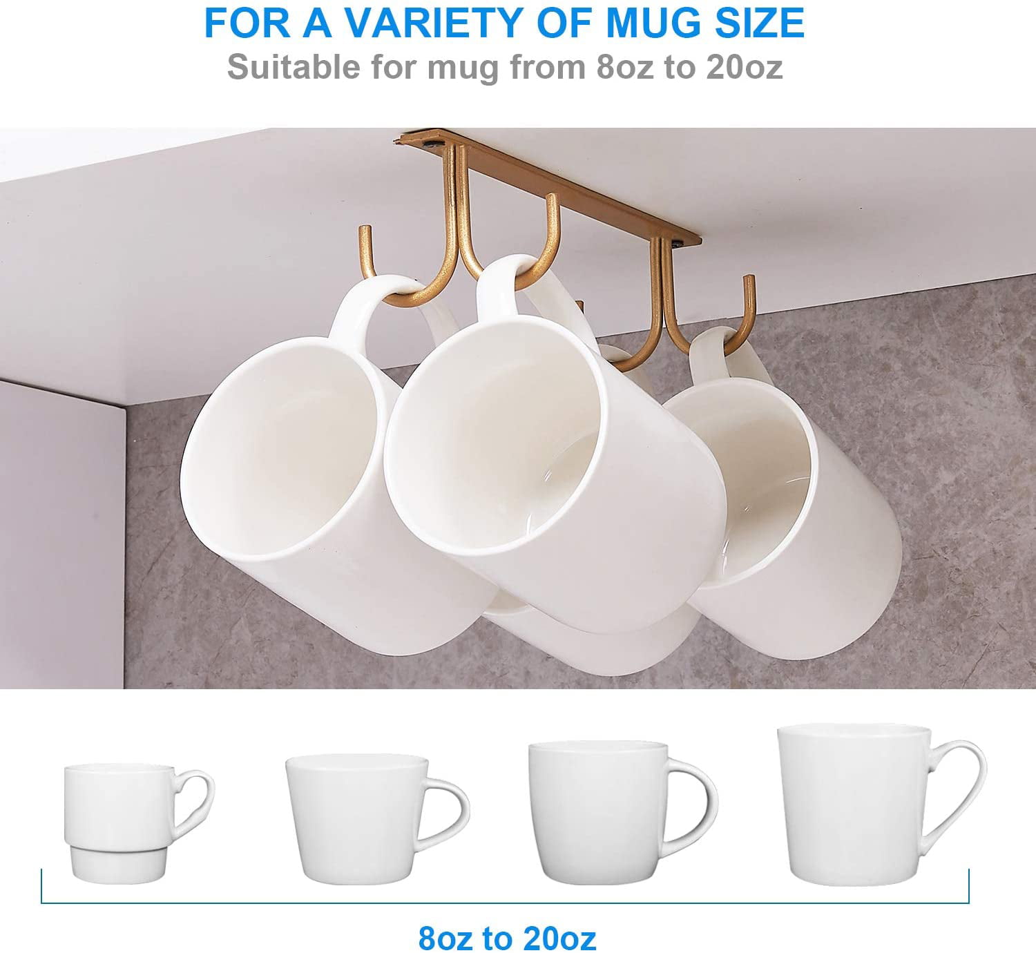 AliCH 2pcs Mug Hooks Under Cabinet Mug Holder Rack,Nail Free Adhesive  Coffee Cups Holder Hanger for Cups/Kitchen Utensils/Ties Belts/Scarf/Keys