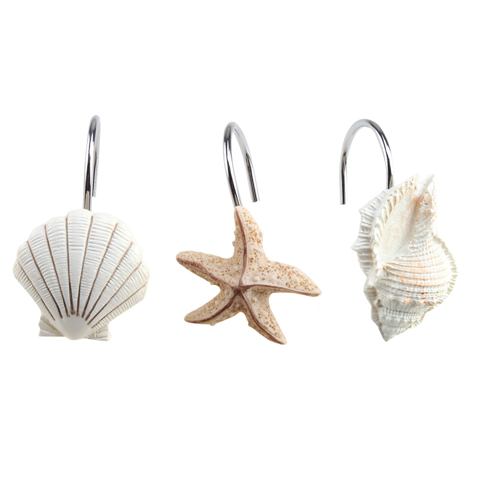 Details about   NIB 12 piece SHOWER CURTAIN HOOKS Seashells Starfish Conch Tropical tan cream 