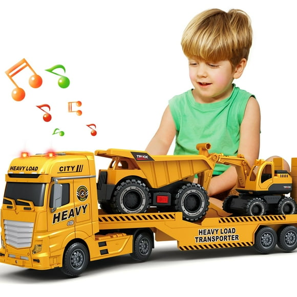 Toddler Boy Toys for 3 4 5 6 7 Years Kids, 25" Semi Construction Carrier Truck Toy with Excavator and Dump Truck, Friction Powered Toys with Lights and Sounds, Birthday for Bo