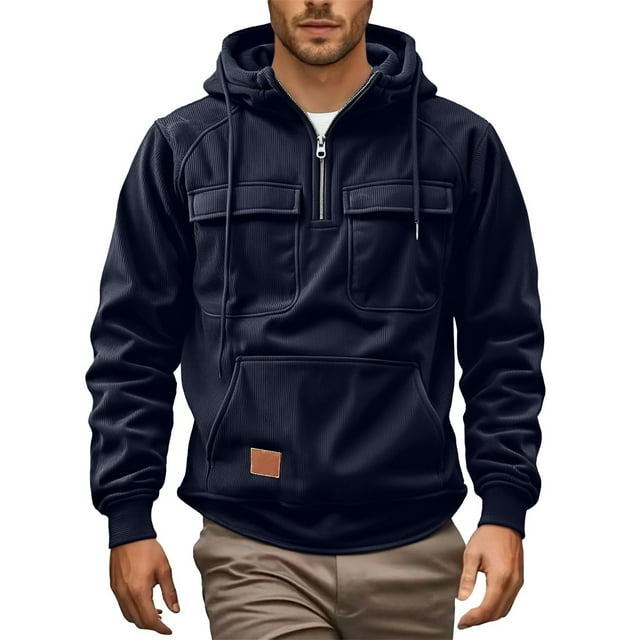 MHFRRA Sudadera Informal con Capucha y Mangas Raglán de Pana para Hombre, con Bolsillos con Cremallera, para Uso Diario En Otoño E Invierno Marina de guerra