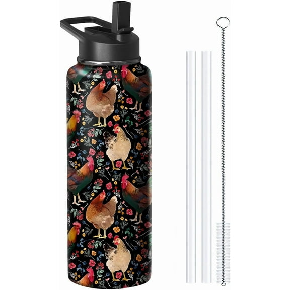 32oz Cute Dinosaur Water Bottle with Handle & Straw, Insulated Stainless Steel Travel Tumbler, Sports Cup Coffee Mug Gift for Women Mom Christmas Birthday