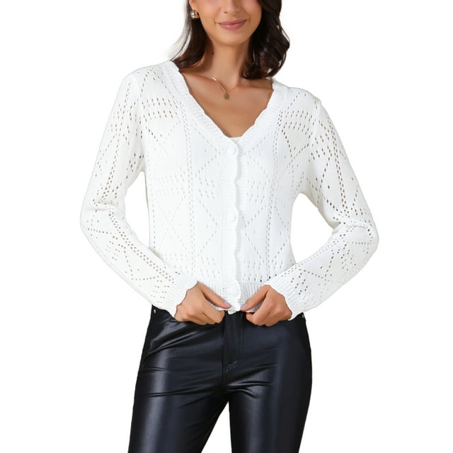 SUÉTER DE PUNTO DE MANGA LARGA CON BOTONES PARA MUJERES INSPIRE CHIC, CON ESCOTE EN V Y CROPPED, COLOR BLANCO