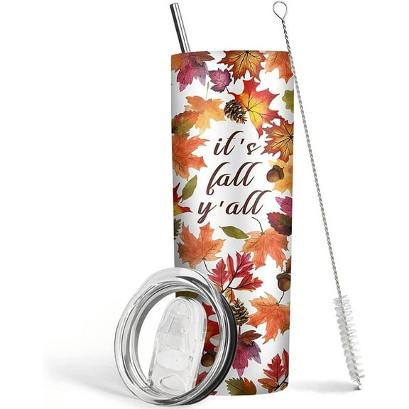 Fall Tumbler 20 oz Travel Coffee Mug Fall Leaf Print Skinny Tumblers with Lid and Straw Stainless Steel Insulated Coffee Leaves Cups Gift for Fall