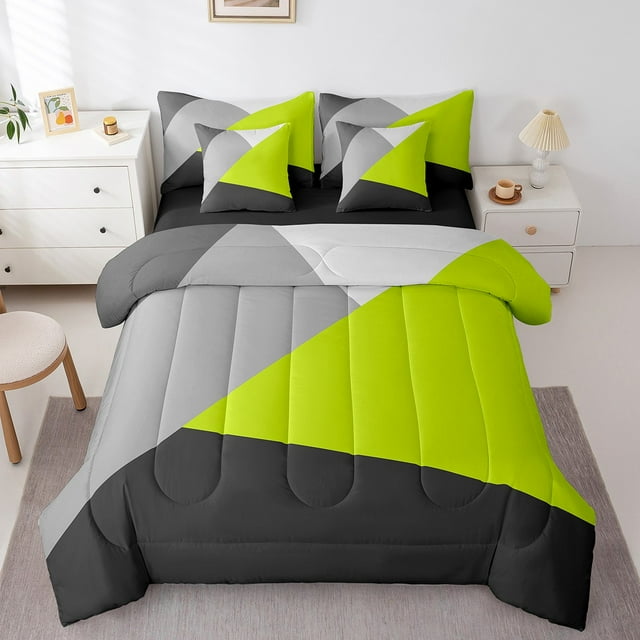 YST 7-Piece Lime Green Black Grey Geometric Triangle Comforter Set, Modern Abstract, King