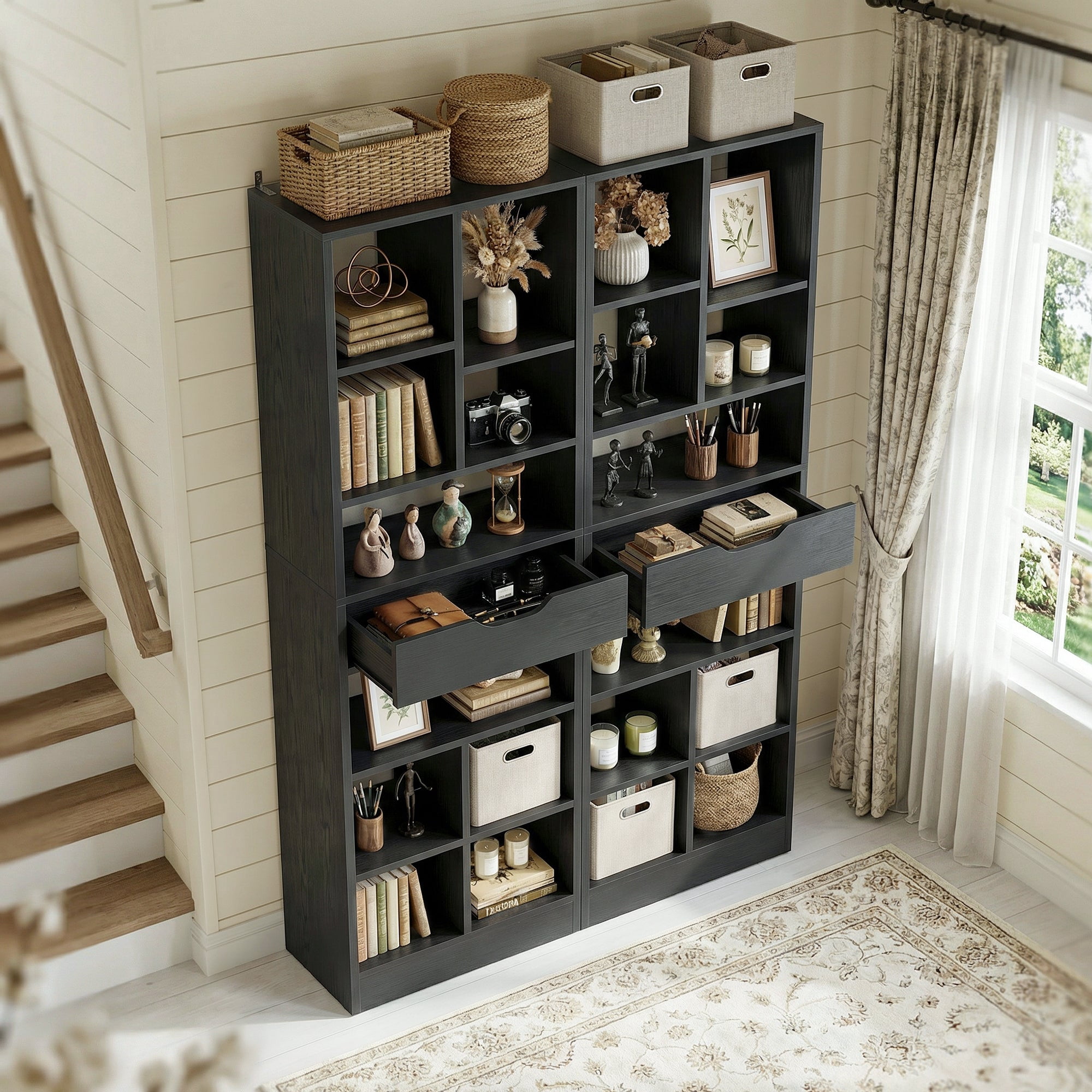 Homieasy 73.6''Tall 10-Cube Bookcase with Drawer and Adjustable Shelves(2-Piece Set), Black