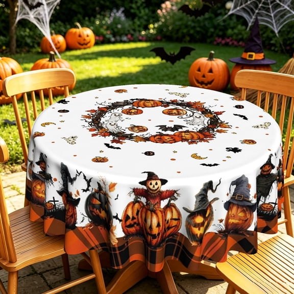 Spooky Cute Halloween Jack‑o'‑lantern Scarecrow Pattern Round Tablecloth, Polyester, 35/50/60/70 inch, For Indoor Outdoor & Home Holiday Decor
