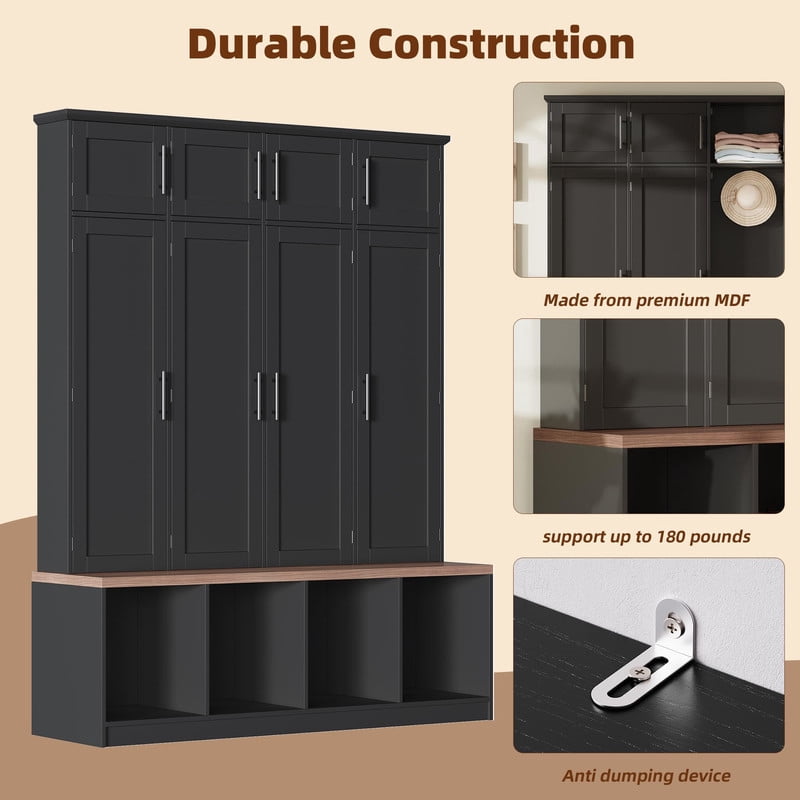 Farmhouse Hall Tree with 4 Hidden Hanging Hooks, Versatile Seating Bench with Open Compartment, Entryway Coat Rack with 8 Doors for Living Room