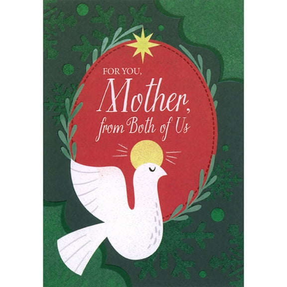 Designer Greetings Dove with Gold Halo on Red Oval and Green Background Mother Christmas Card from Both of Us