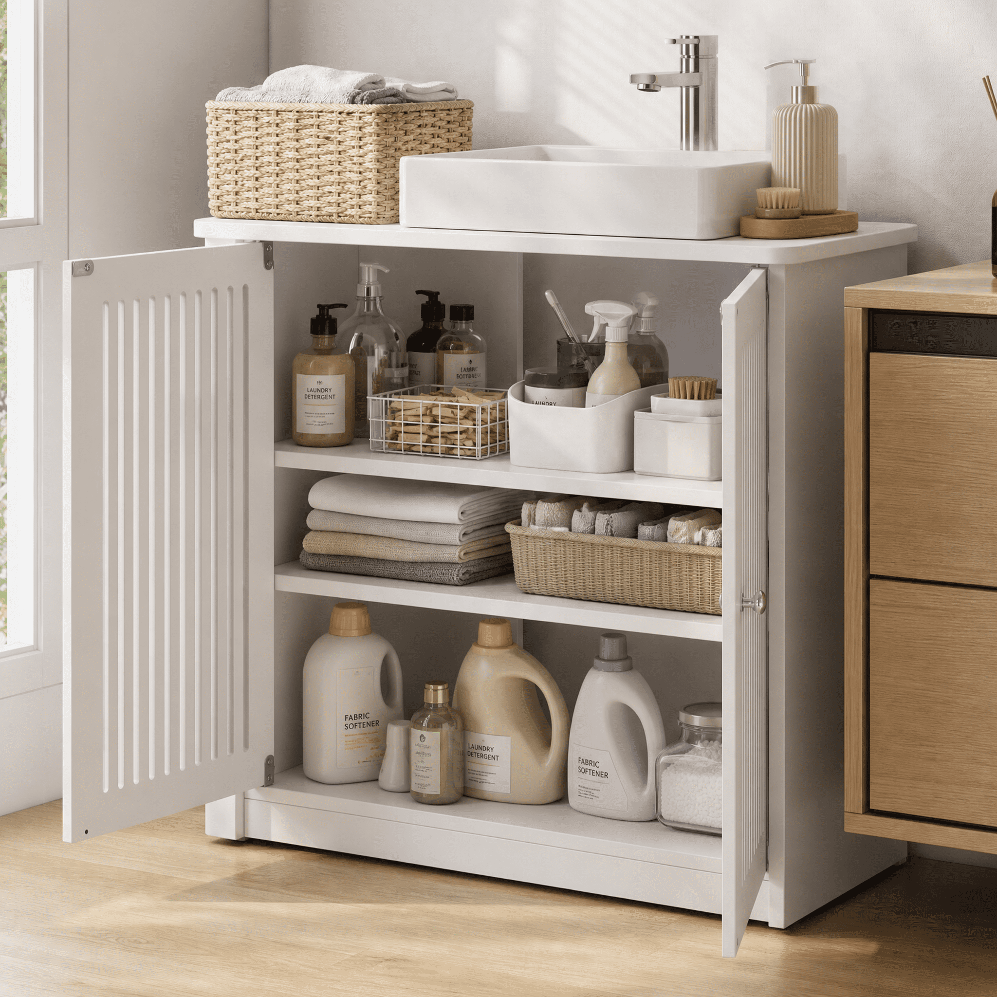White Louvered Double Door Freestanding Bathroom Vanity Cabinet (Sink Not Included), Moisture Resistant MDF Storage Cabinet with Adjustable Internal Shelf