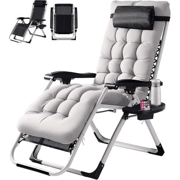 Blazezo Zero Gravity Chair, Folding Reclining Patio Chair, Portable Tanning Chaise with Headrest & Side Tray, 440lbs Capacity for Outdoor Lawn Pool Beach