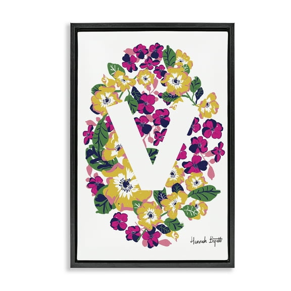 Stupell Industries Floral Bloom Letter V Botanical & Floral Painting Black Floater Framed Art Print Wall Art, 17 x 25