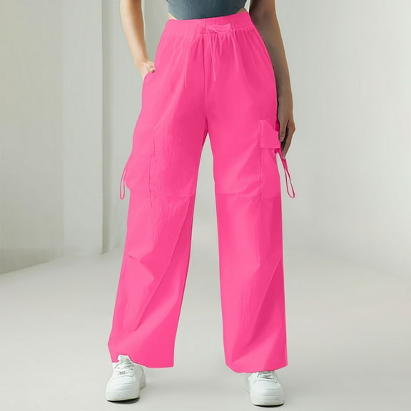 SBYOJLPB Women's Solid Color High Waist Flap Pocket Work Pants Trousers with Pockets Hot Pink 10(XL)