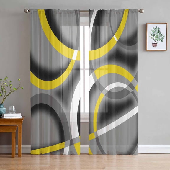 ERUNPONLY Yellow Geometric Sheer Curtains 96 Inch Length 2 Panels Set, Gray Black Retro Abstract Stripes Lines Voile Window Treatment Sheer Long Curtains for Bedroom/Living Room/Kitchen 52"x96"x2