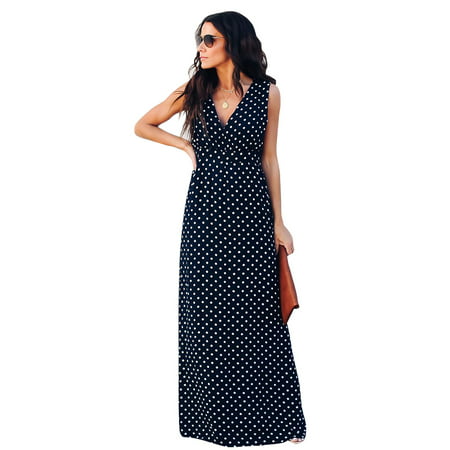 Casual Maxi Dress For Women V-neck Sleeveless Polka Dots Backless Cut Out Sexy Elegant Party Long Dress 
