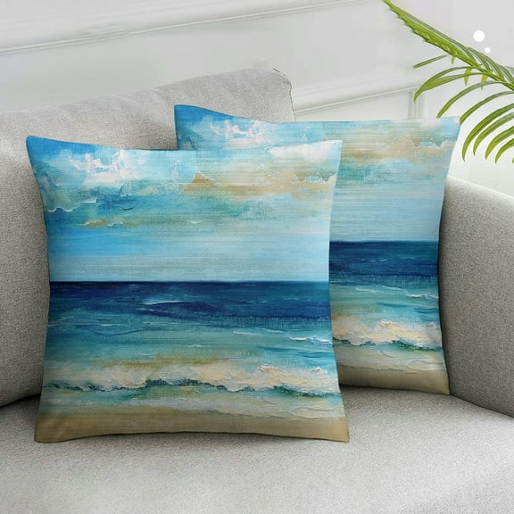 Acheng Art Throw Pillow Cushion Cover, Tropical Sandy Beach Pure Waves Tranquil Ocean Under Clouds Summer Scenery, Decorative Square Accent Pillow Case, Navy Blue Pale Brown,2 Pcs White