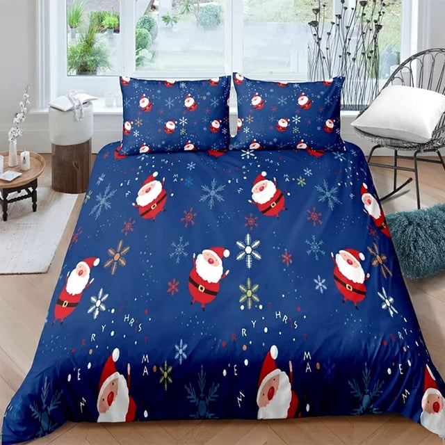 Ropa de cama 135 x 200 cm Juego de cama de 3 piezas con diseño de castor, Papá Noel y copo de nieve, con cremallera, funda nórdica vintage con 2 fundas de almohada, regalo de Navidad