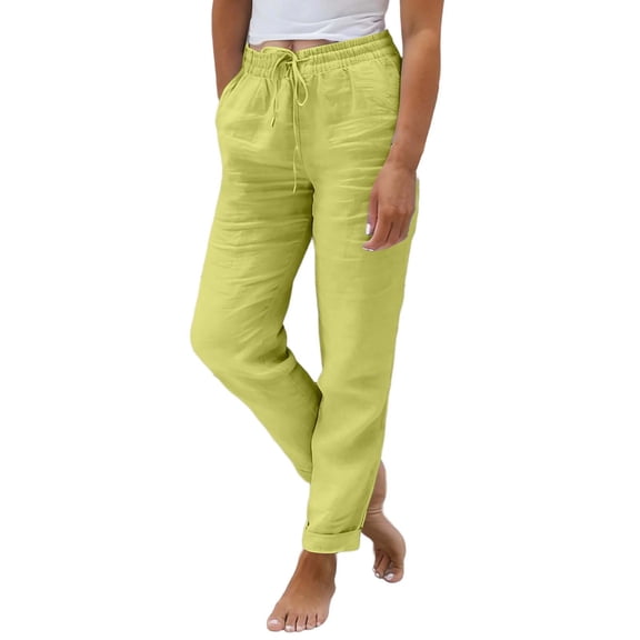 Aihuaihua Cotton Linen Joggers for Women Tapered Leg Summer Casual Drawstring Elastic Waist Lightweight Jogger Pants Yellow M