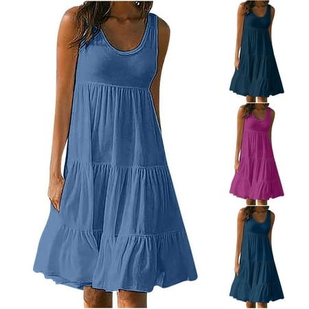 

Woman Summer Solid Color Leisure Pockets Cotton And Linen Round-Neck Sleeveless Dress
