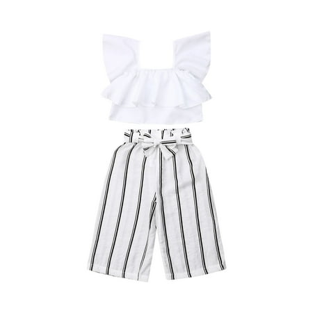 

Musuos Little Girls 2PCS Set Ruffle Sleeve Tops Striped Wide Leg Long Pants