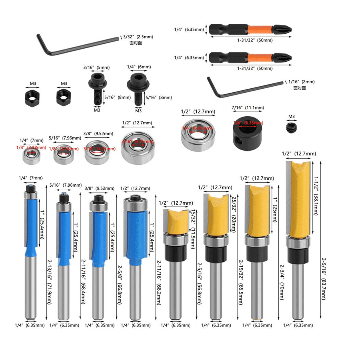 10Pcs Router Bit Set – 4 Flush Trim & 4 Pattern Bits, 1/4” Shank, K10 Carbide, With Bearings, Wrenches & Collet