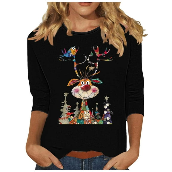 LbsKUS Christmas Tops for Women Cute Xmas Deer Bird Graphic Shirts Xmas Tree Tees Xmas Gifts Tops 3/4 Length Sleeve Casual T Shirts Loose Vacation Tunics Top(Black,L)