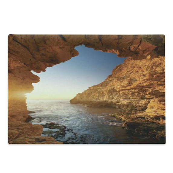 Beach Cutting Board, Sunset in Pacific Paradise Ocean Cave with Morning Horizon Stone Calm Seacoast Art, Decorative Tempered Glass Cutting and Serving Board, Large Size, Cream Blue, by Ambesonne