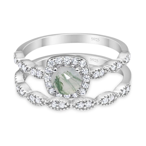 Natural Green Moss Agate Size-5 Two Piece Art Deco Round Vintage Style Cushion Cut Halo CZ Wedding Set Engagement Ring 925 Sterling Silver Gifts For Her