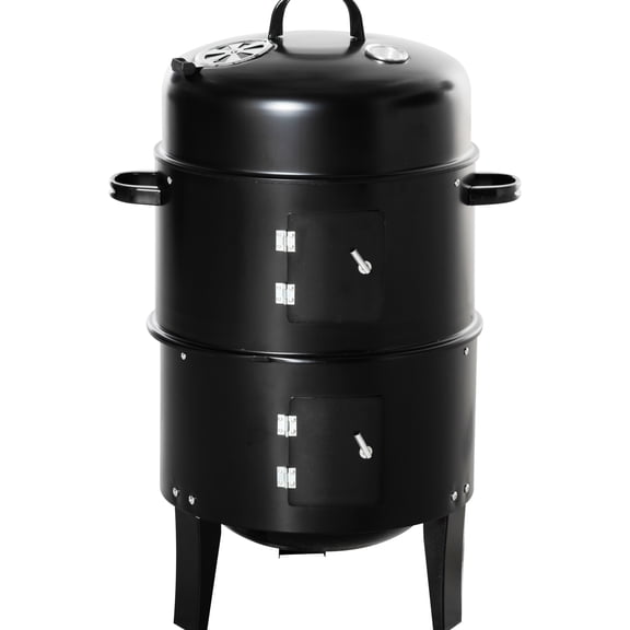 16" Round 31 Charcoal Bbq Smoker - With Metal Frame, Temperature Control For Outdoor, Black Vertical Grill With Dual Cooking Layers, Thermometer Outdoor Picnic,