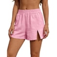 thumbnail image 2 of ClodeEU Women's Cotton Linen Elastic Waist Shorts, Casual Loose High Waist Summer Shorts with Pockets, Breathable Solid Color Beach Pants Pink,Women's Plus XL, 2 of 6