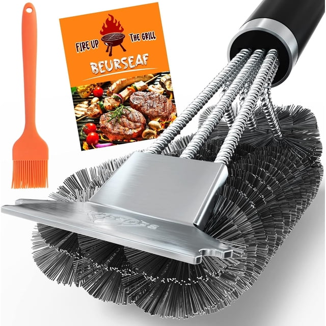 Cepillo para parrilla de barbacoa con cerdas de alambre de acero inoxidable de 18 pulgadas, mango cómodo antideslizante, diseño 3 en 1 para una limpieza profunda de todo tipo de parrillas