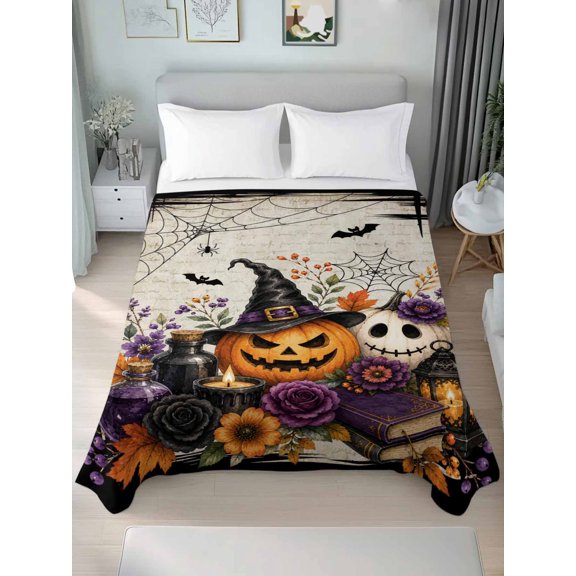 Full Flat Sheet Only Retro Halloween Pumpkin Hat Soft Microfiber Cooling Bedding Sheets Flower Leaves Books Bats Flat Bed Sheet for Hotel,Home Decor