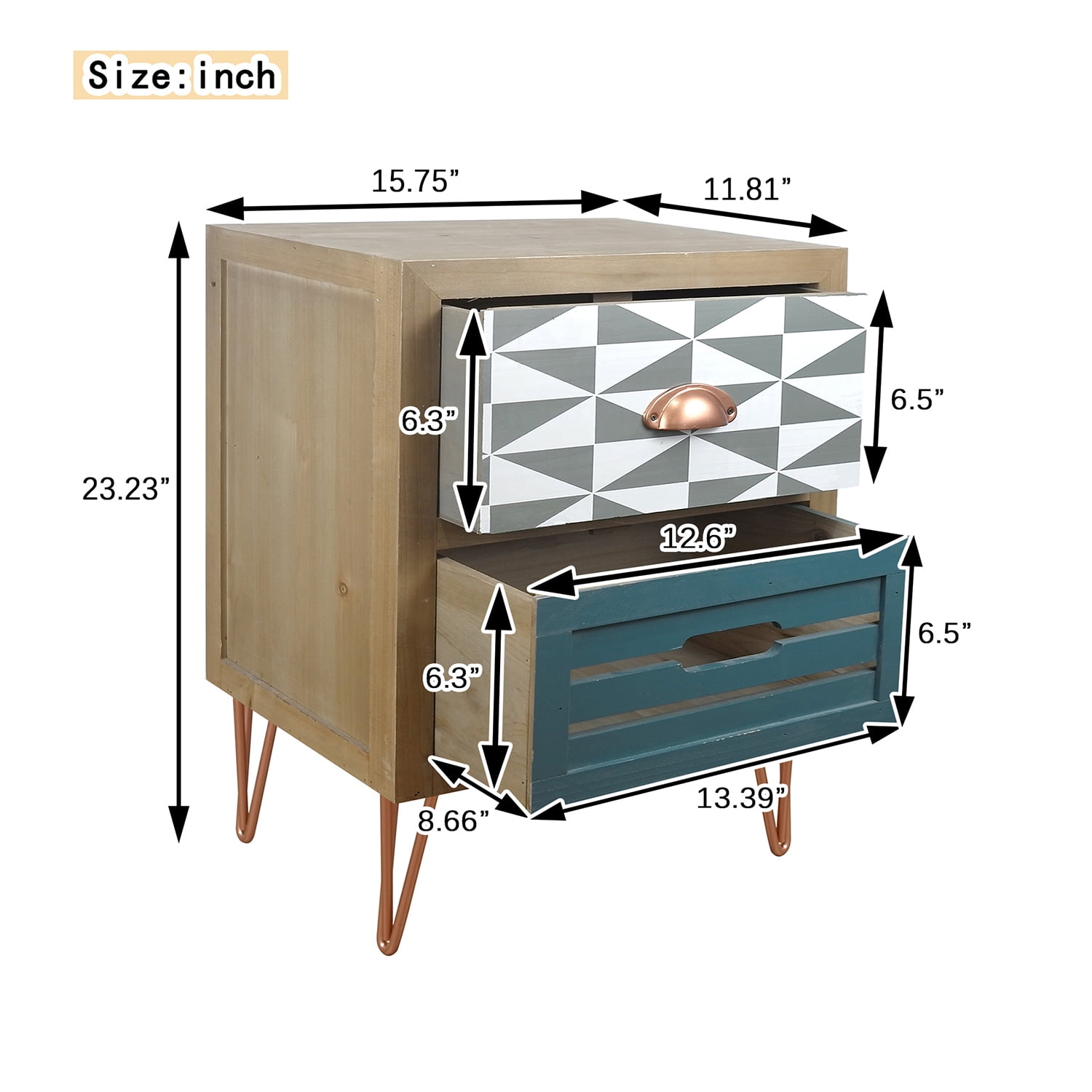 Kepooman Wooden Nightstand with Two Drawer and Metal Feet, Modern Style Bedside Table, Natural Kepooman Wooden Nightstand with Two Drawer and Metal Feet, Modern Style Bedside Table, Natural