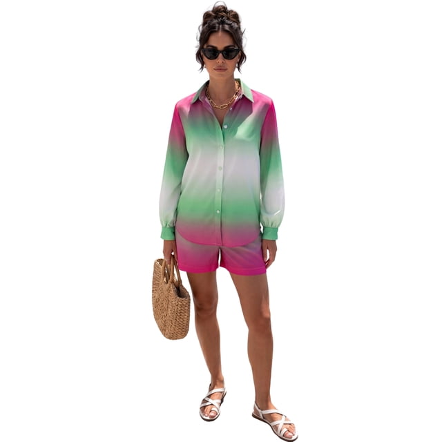 Conjunto Mujer 2 Piezas Degradado Camisa Manga Larga y Short Casual Fresco